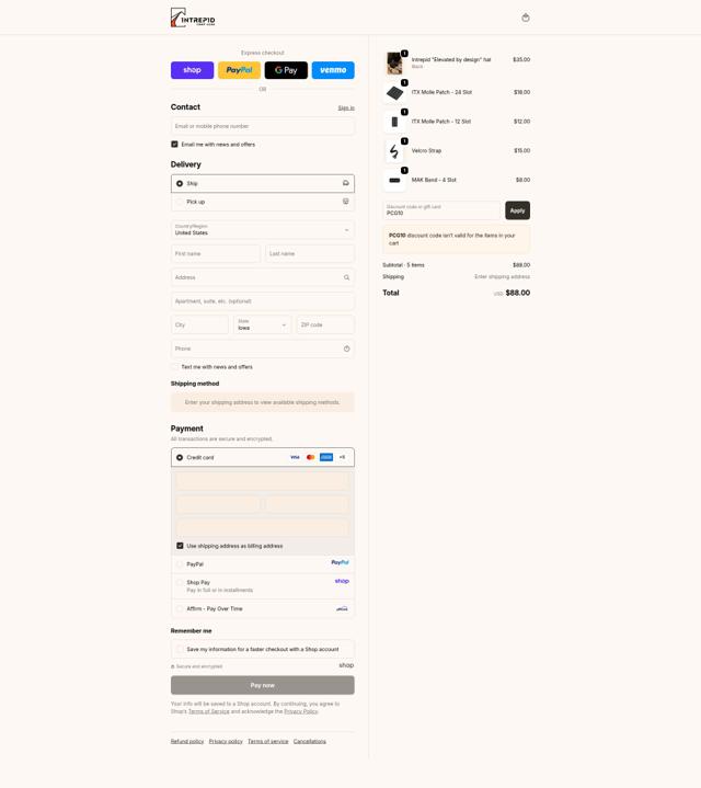 Intrepid Camp Gear checkout page showing Intrepid Camp Gear promo code box | Screenshot taken by SimplyCodes community member on Sep 22, 2025