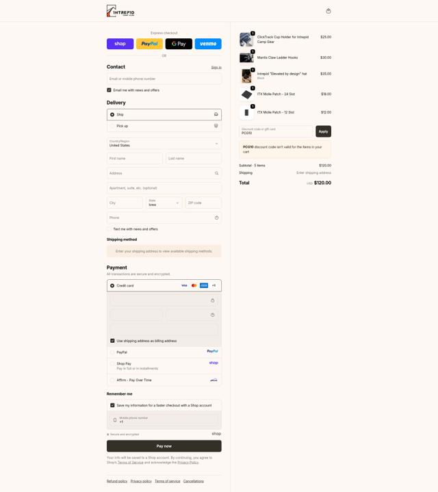 Intrepid Camp Gear checkout page showing Intrepid Camp Gear promo code box | Screenshot taken by SimplyCodes community member on Sep 30, 2025