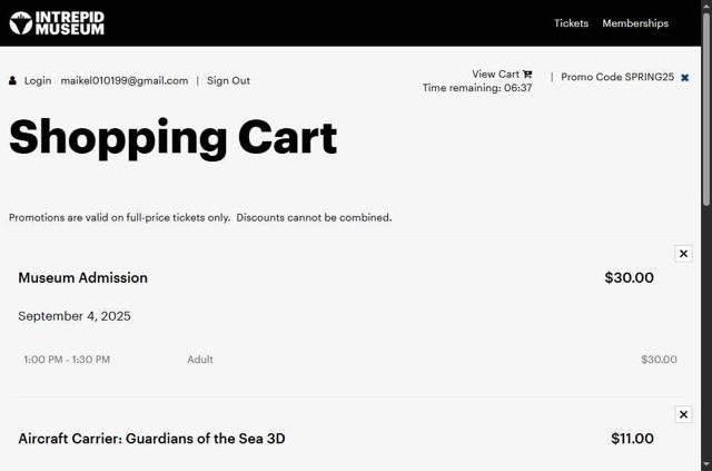 Intrepid Museum checkout page showing Intrepid Museum promo code box | Screenshot taken by SimplyCodes community member on Sep 3, 2025