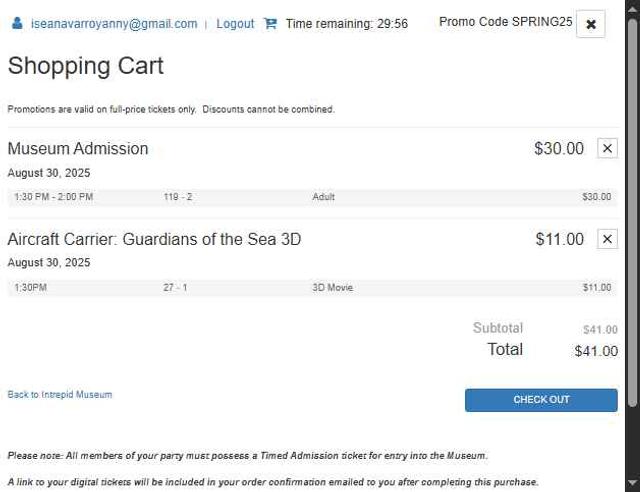 Intrepid Museum checkout page showing Intrepid Museum promo code box | Screenshot taken by SimplyCodes community member on Aug 5, 2025