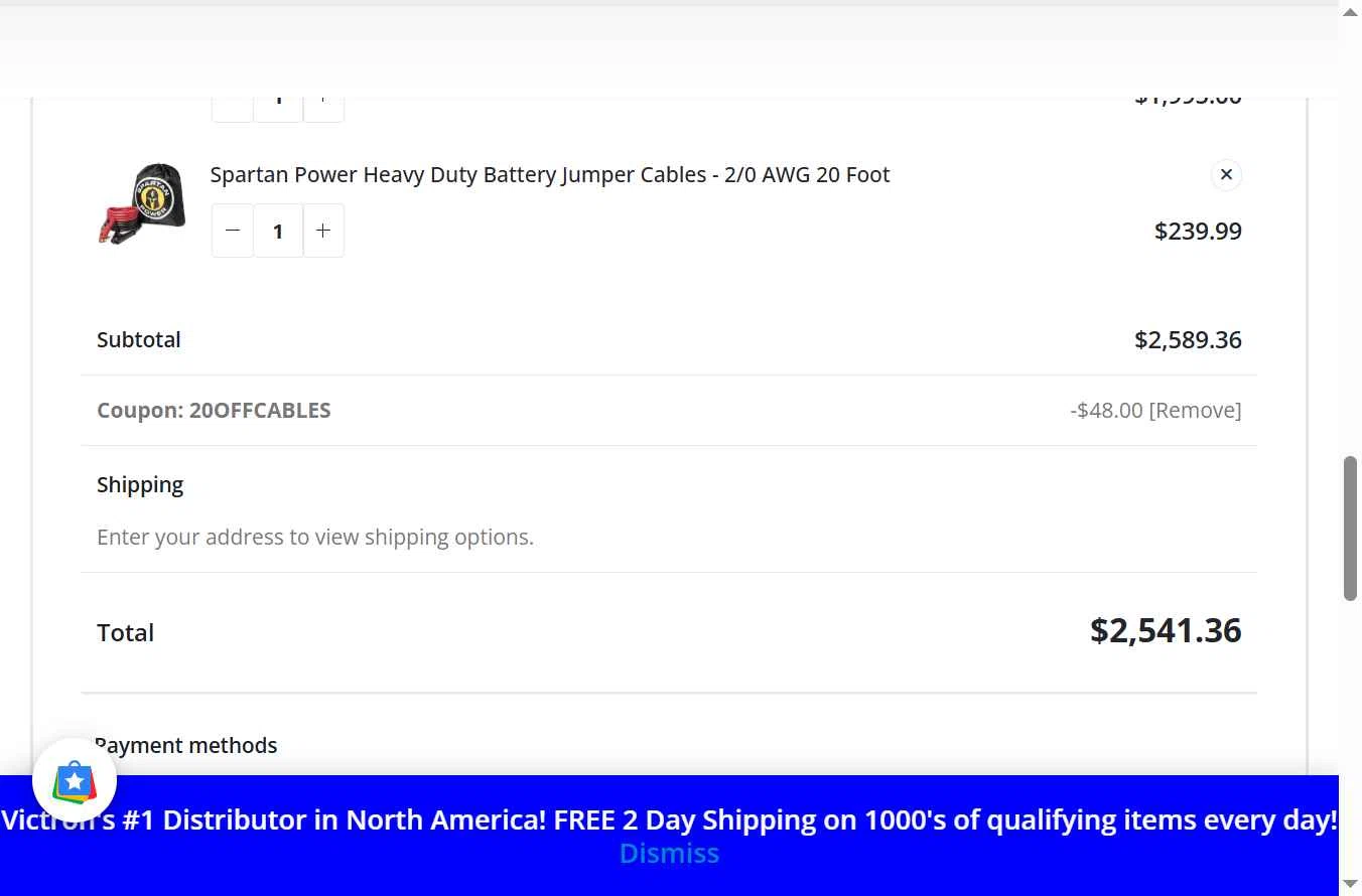 Inverters R Us checkout page showing Inverters R Us coupon code box | Screenshot taken by SimplyCodes community member on Jun 28, 2025