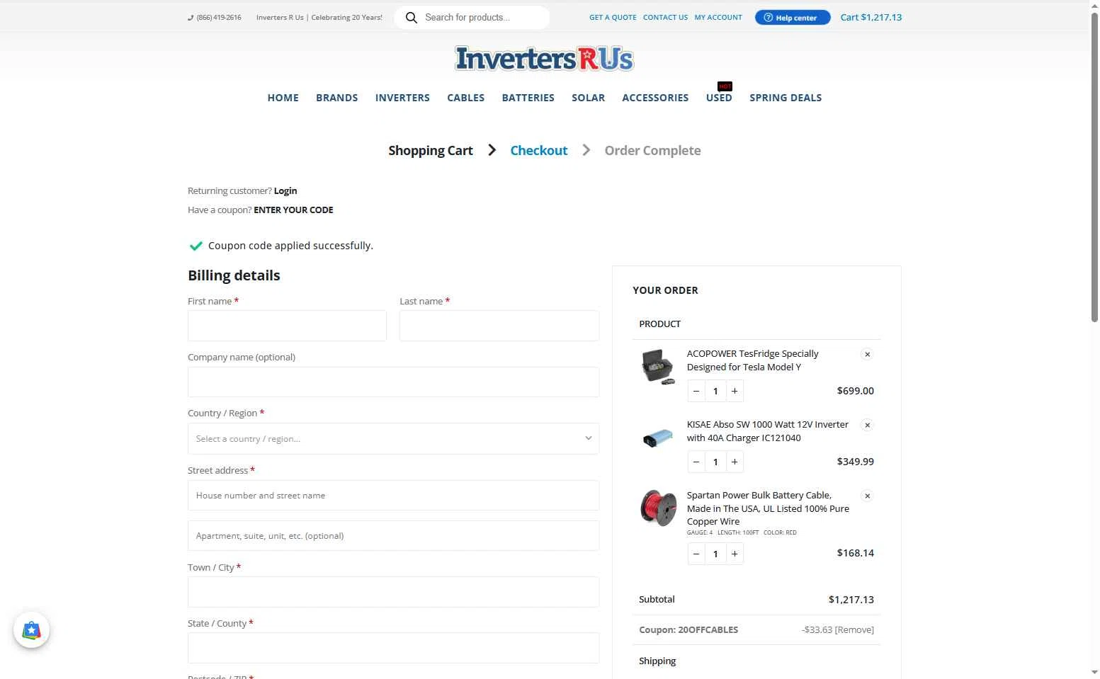 Inverters R Us checkout page showing Inverters R Us coupon code box | Screenshot taken by SimplyCodes community member on Jul 8, 2025