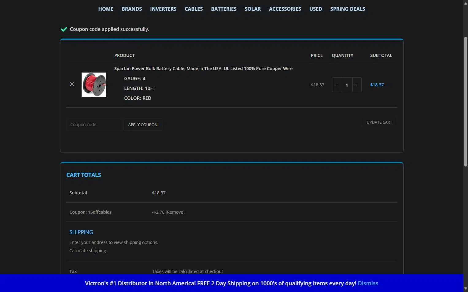 Inverters R Us checkout page showing Inverters R Us coupon code box | Screenshot taken by SimplyCodes community member on Aug 9, 2025