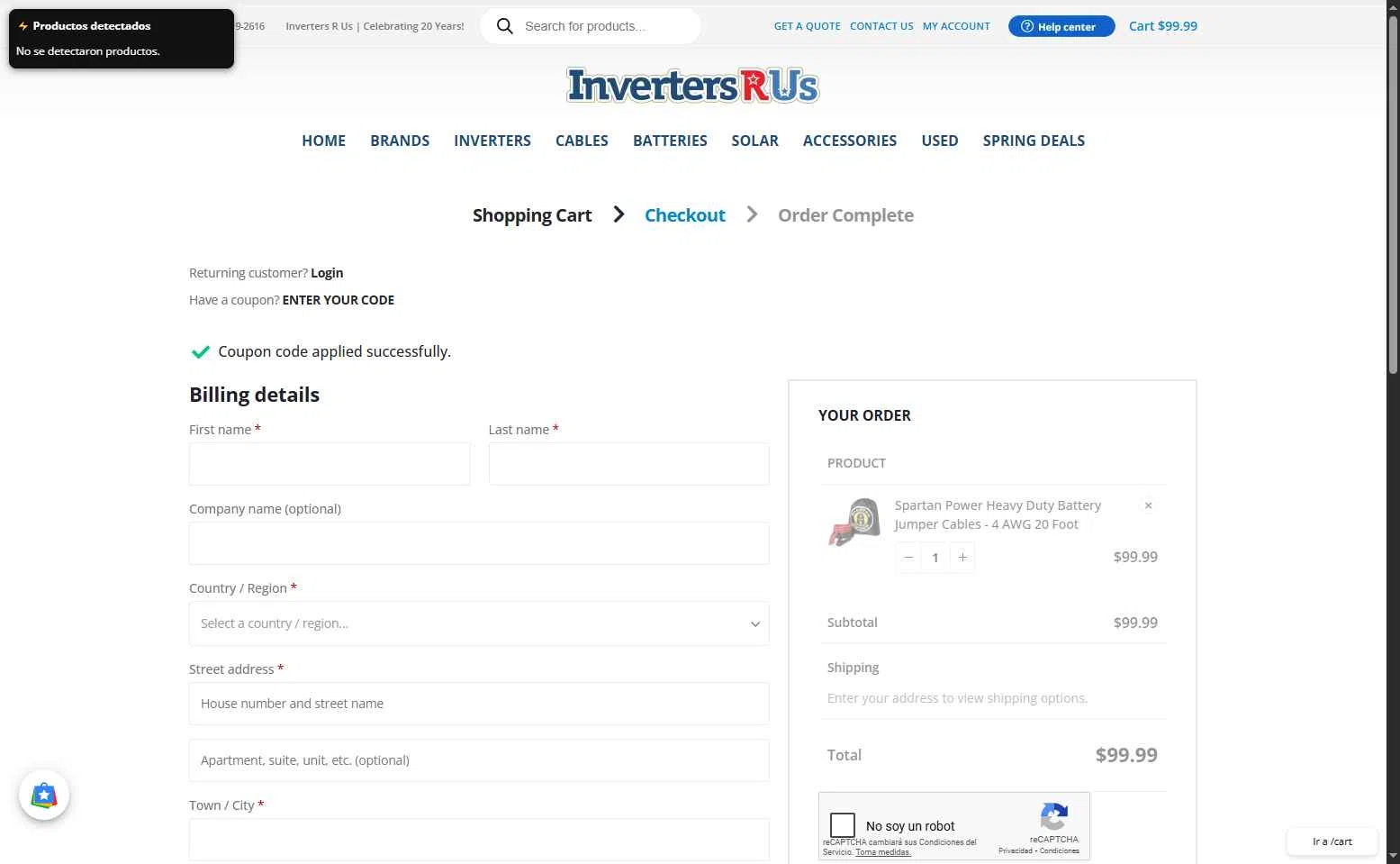 Inverters R Us checkout page showing Inverters R Us coupon code box | Screenshot taken by SimplyCodes community member on Oct 29, 2025