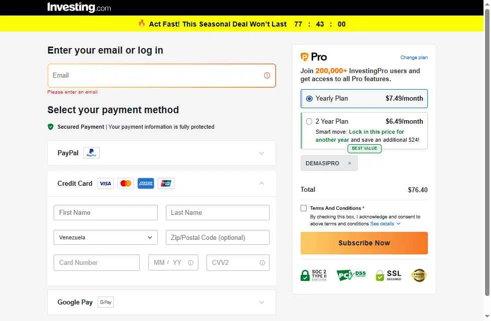 Investing.com checkout page showing Investing.com coupon code box | Screenshot taken by SimplyCodes community member on Jan 26, 2026