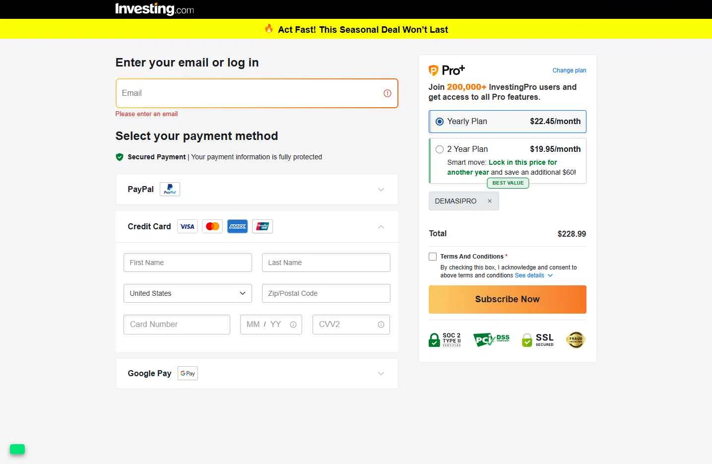 Investing.com checkout page showing Investing.com coupon code box | Screenshot taken by SimplyCodes community member on Dec 28, 2025