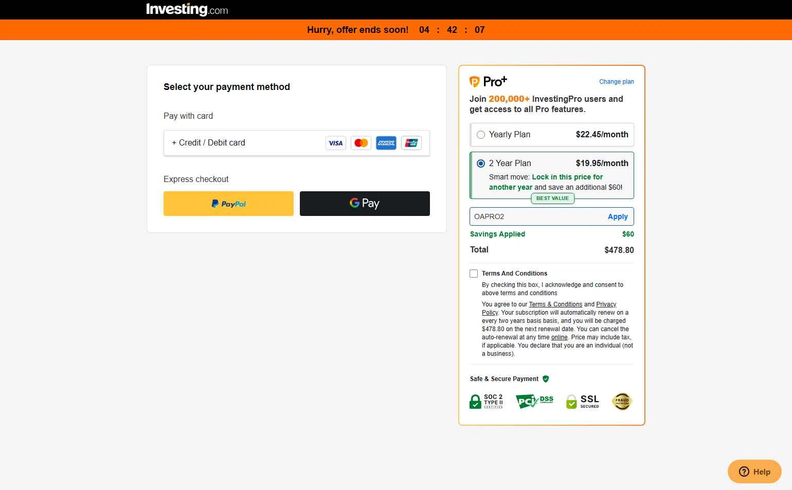 Investing.com checkout page showing Investing.com coupon code box | Screenshot taken by SimplyCodes community member on Feb 19, 2026