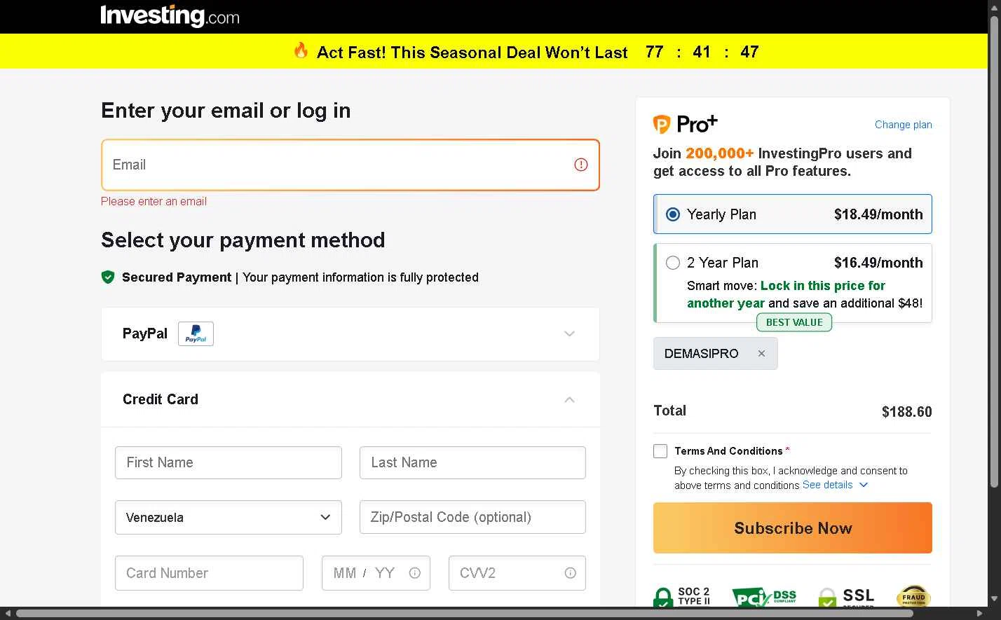 Investing.com checkout page showing Investing.com coupon code box | Screenshot taken by SimplyCodes community member on Jan 26, 2026