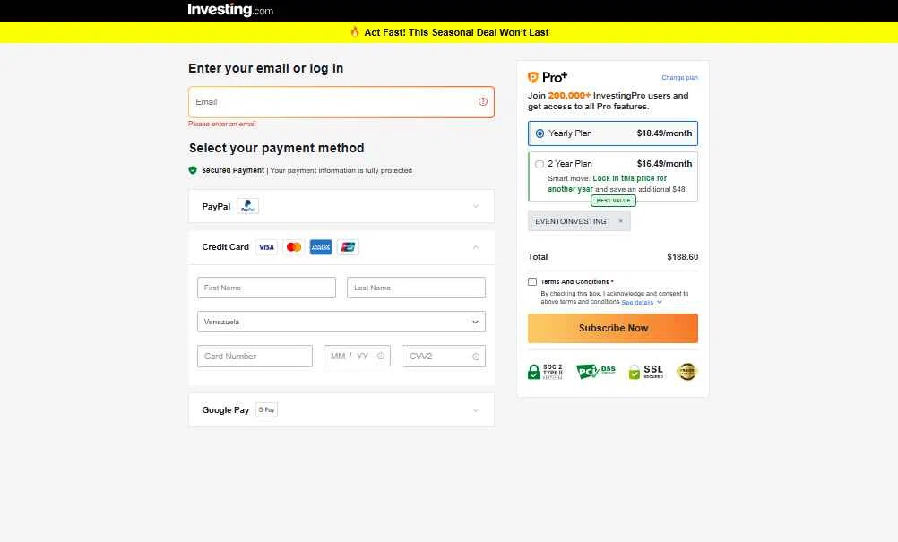 Investing.com checkout page showing Investing.com coupon code box | Screenshot taken by SimplyCodes community member on Dec 28, 2025