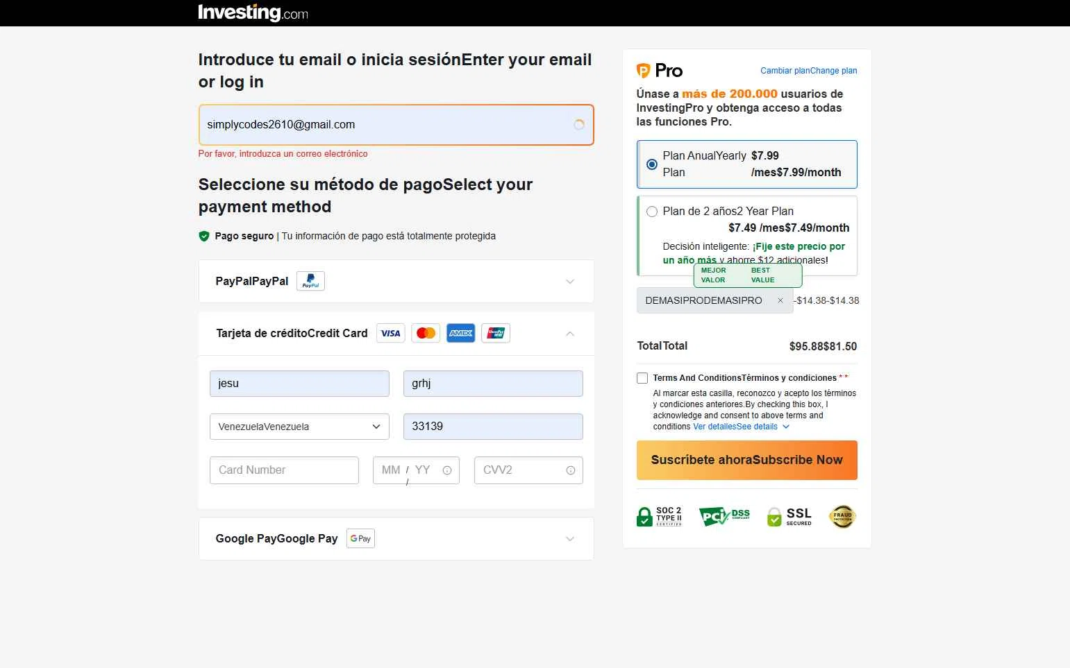 Investing.com checkout page showing Investing.com coupon code box | Screenshot taken by SimplyCodes community member on Feb 8, 2026