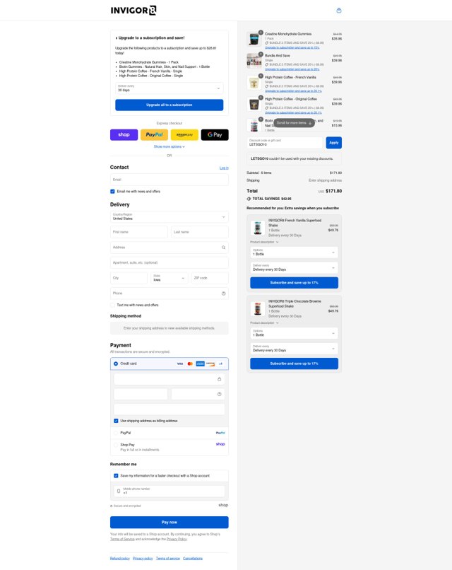 INVIGOR8 checkout page showing INVIGOR8 promo code box | Screenshot taken by SimplyCodes community member on Sep 8, 2025