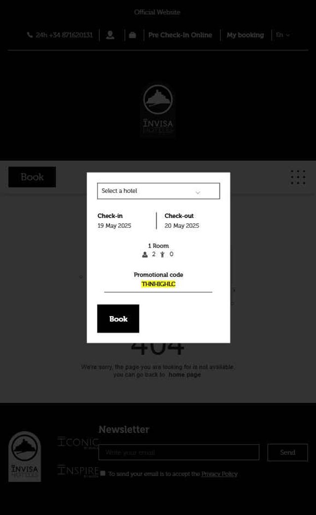 Invisa Hoteles checkout page showing Invisa Hoteles promo code box | Screenshot taken by SimplyCodes community member on May 19, 2025