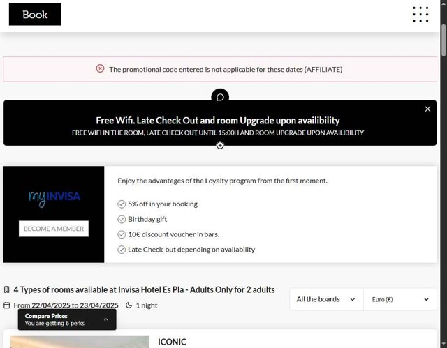 Invisa Hoteles checkout page showing Invisa Hoteles promo code box | Screenshot taken by SimplyCodes community member on Apr 22, 2025
