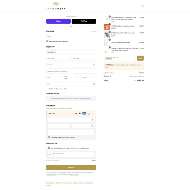 InvisaWear checkout page showing InvisaWear promo code box | Screenshot taken by SimplyCodes community member on Sep 1, 2025