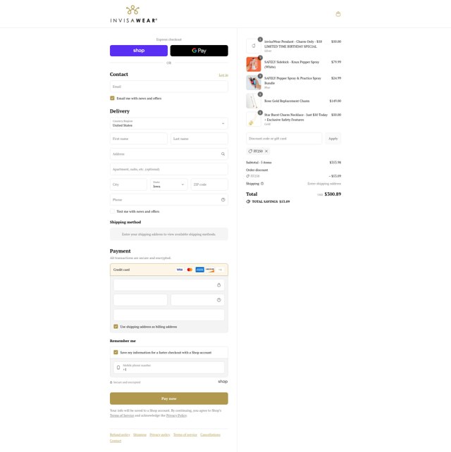 InvisaWear checkout page showing InvisaWear promo code box | Screenshot taken by SimplyCodes community member on Sep 1, 2025