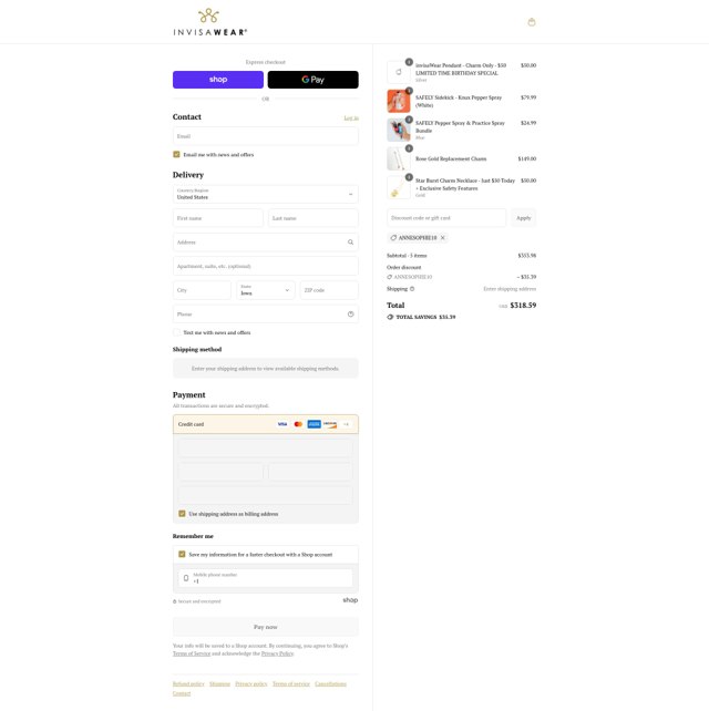 InvisaWear checkout page showing InvisaWear promo code box | Screenshot taken by SimplyCodes community member on Sep 1, 2025
