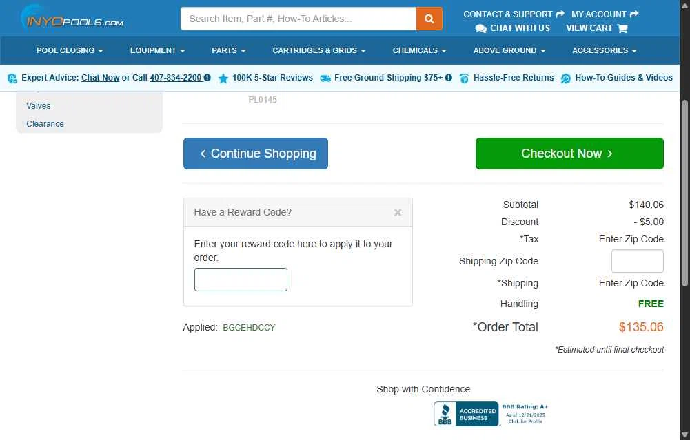 INYOpools checkout page showing INYOpools discount code box | Screenshot taken by SimplyCodes community member on Dec 23, 2025