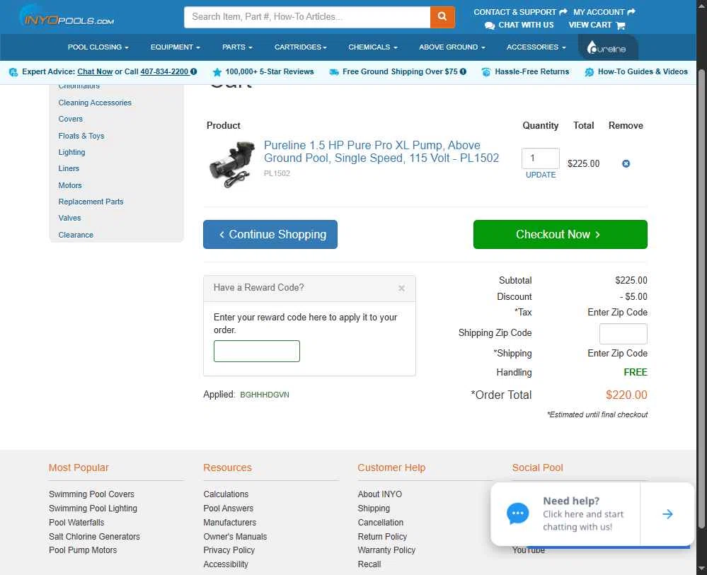 INYOpools checkout page showing INYOpools discount code box | Screenshot taken by SimplyCodes community member on Dec 4, 2025
