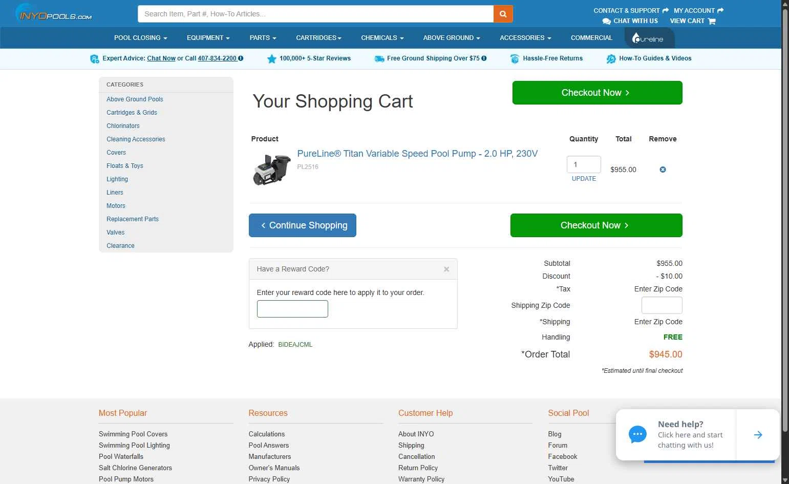 INYOpools checkout page showing INYOpools discount code box | Screenshot taken by SimplyCodes community member on Jan 6, 2026