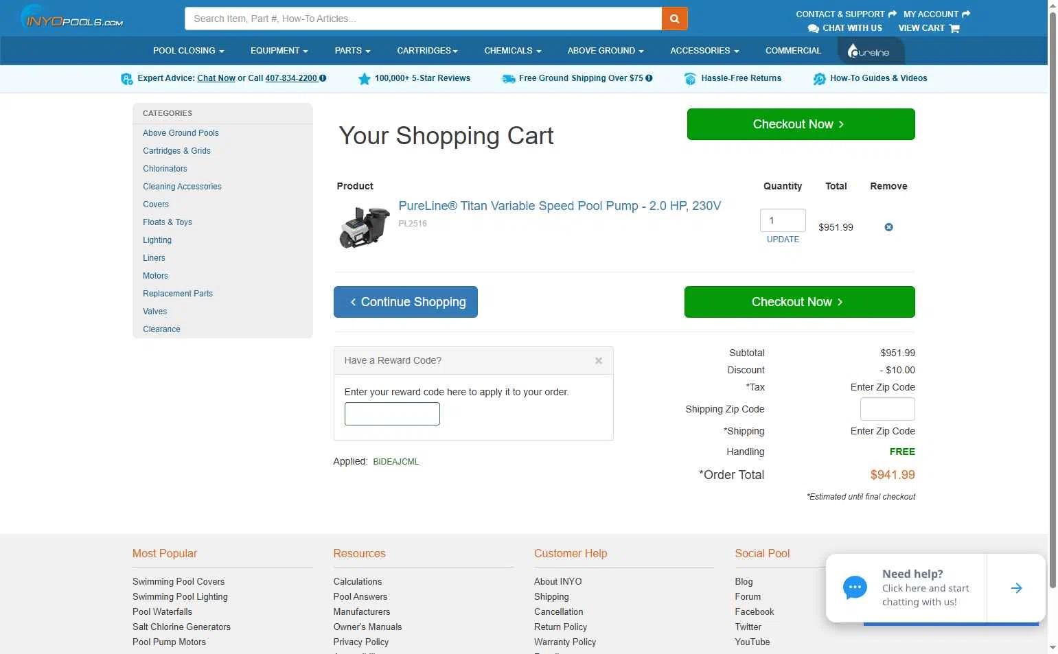 INYOpools checkout page showing INYOpools discount code box | Screenshot taken by SimplyCodes community member on Dec 8, 2025