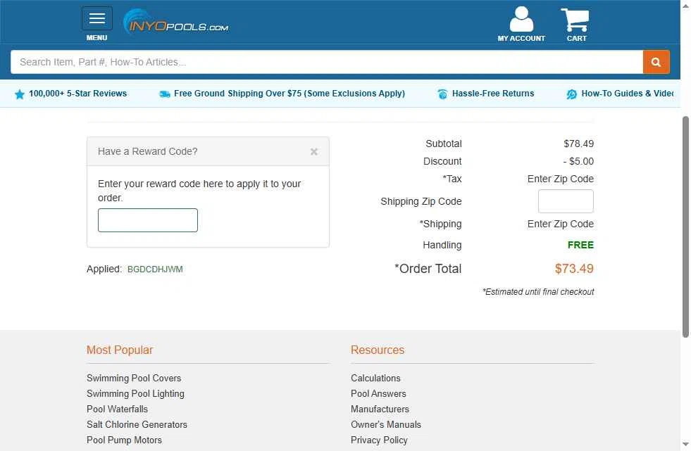 INYOpools checkout page showing INYOpools discount code box | Screenshot taken by SimplyCodes community member on Jan 26, 2026
