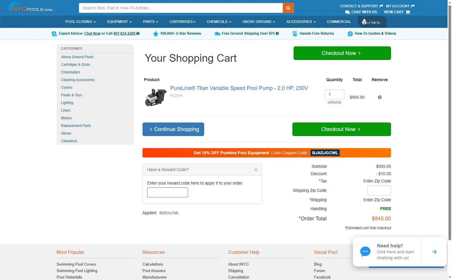INYOpools checkout page showing INYOpools discount code box | Screenshot taken by SimplyCodes community member on Feb 4, 2026
