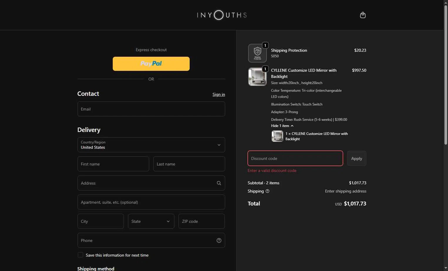 Inyouths checkout page showing Inyouths discount code box | Screenshot taken by SimplyCodes community member on Jan 3, 2026