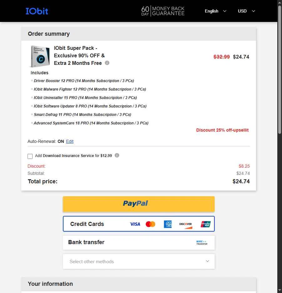 IObit checkout page showing IObit coupon code box | Screenshot taken by SimplyCodes community member on Aug 25, 2025