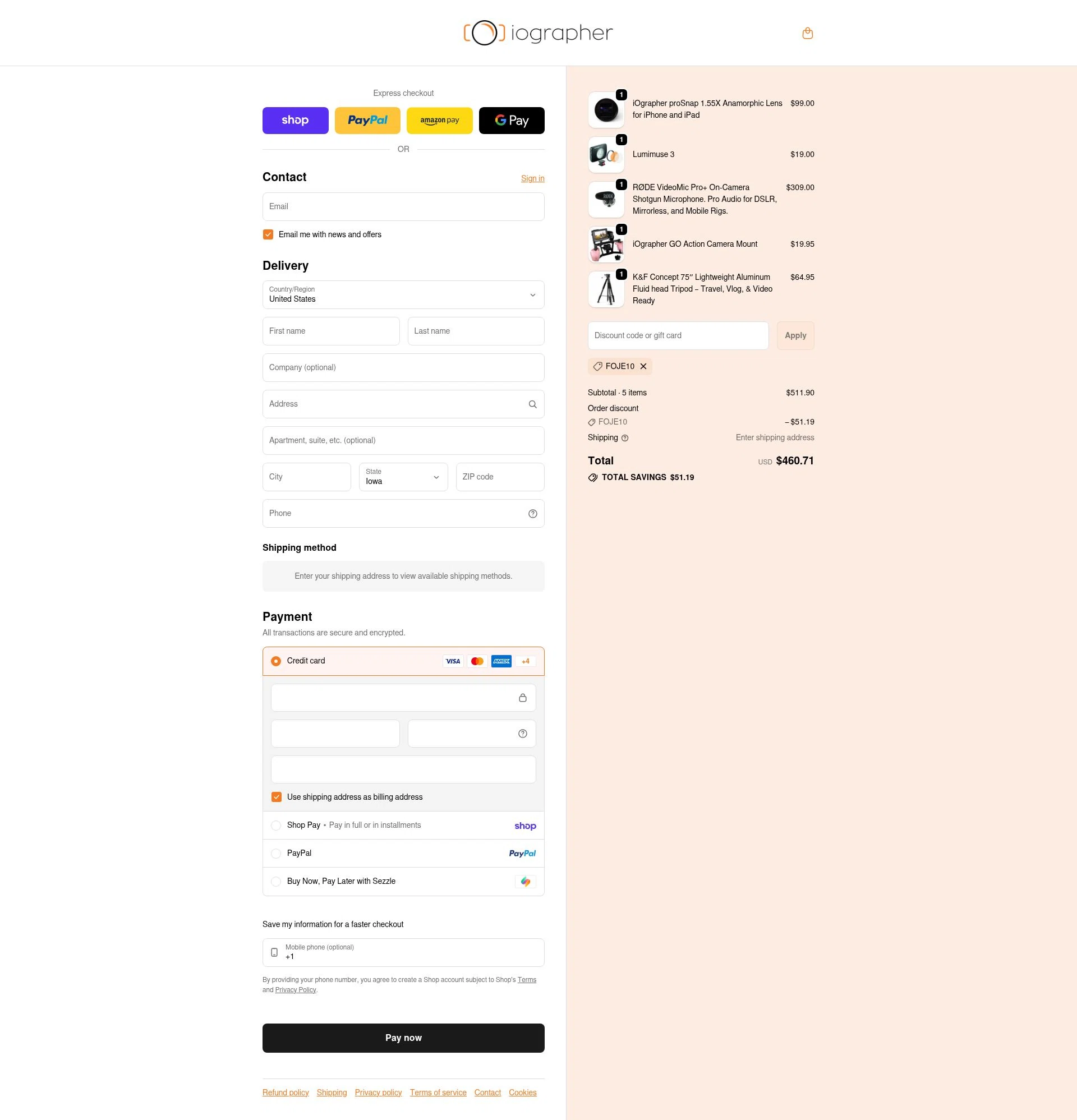iOgrapher checkout page showing iOgrapher discount code box | Screenshot taken by SimplyCodes community member on Feb 10, 2026