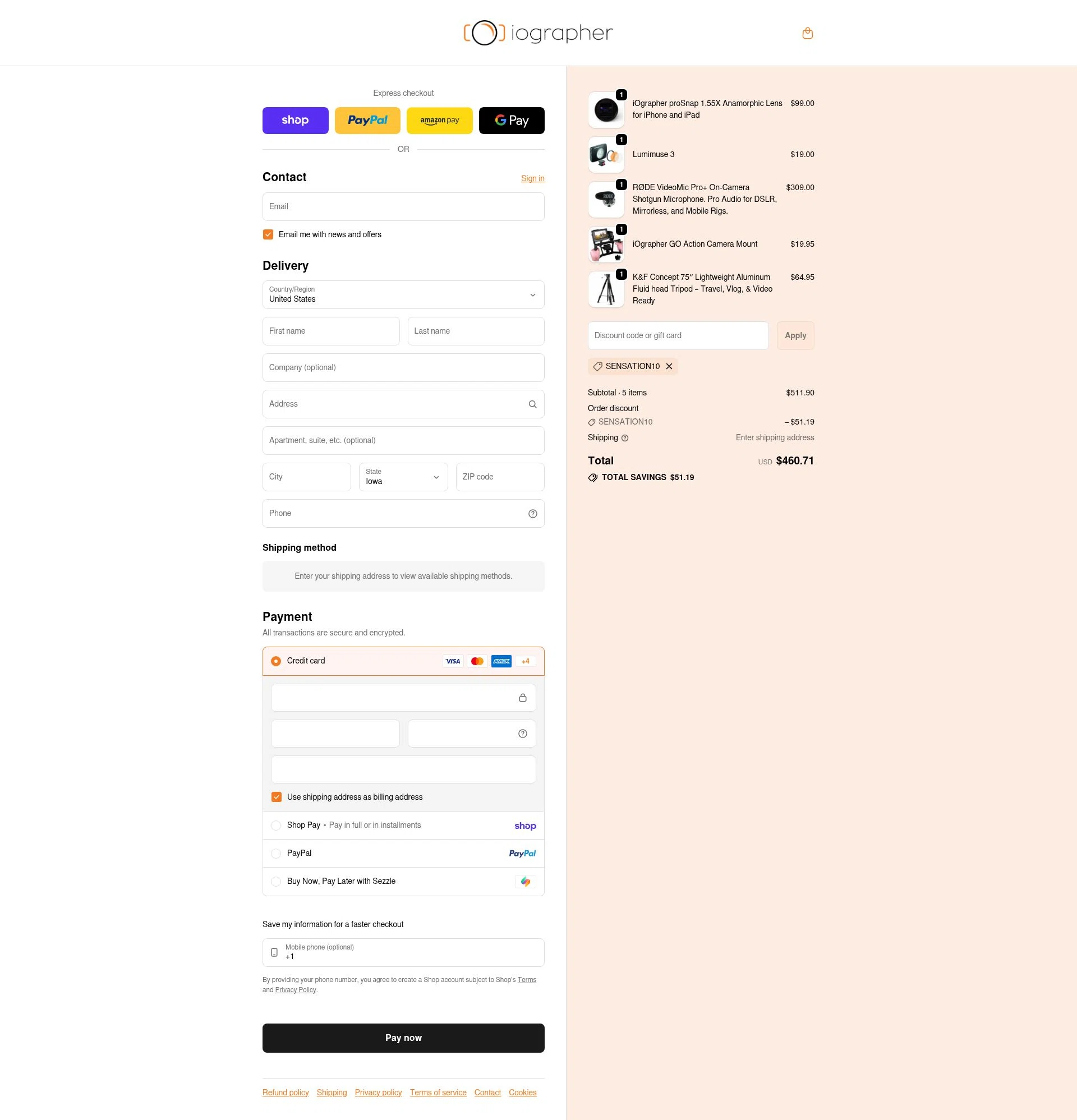 iOgrapher checkout page showing iOgrapher discount code box | Screenshot taken by SimplyCodes community member on Feb 10, 2026