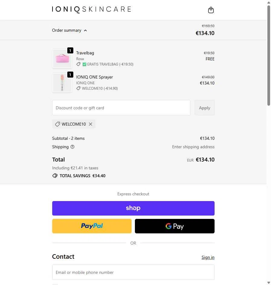 IONIQ Skincare checkout page showing IONIQ Skincare promo code box | Screenshot taken by SimplyCodes community member on Dec 10, 2025