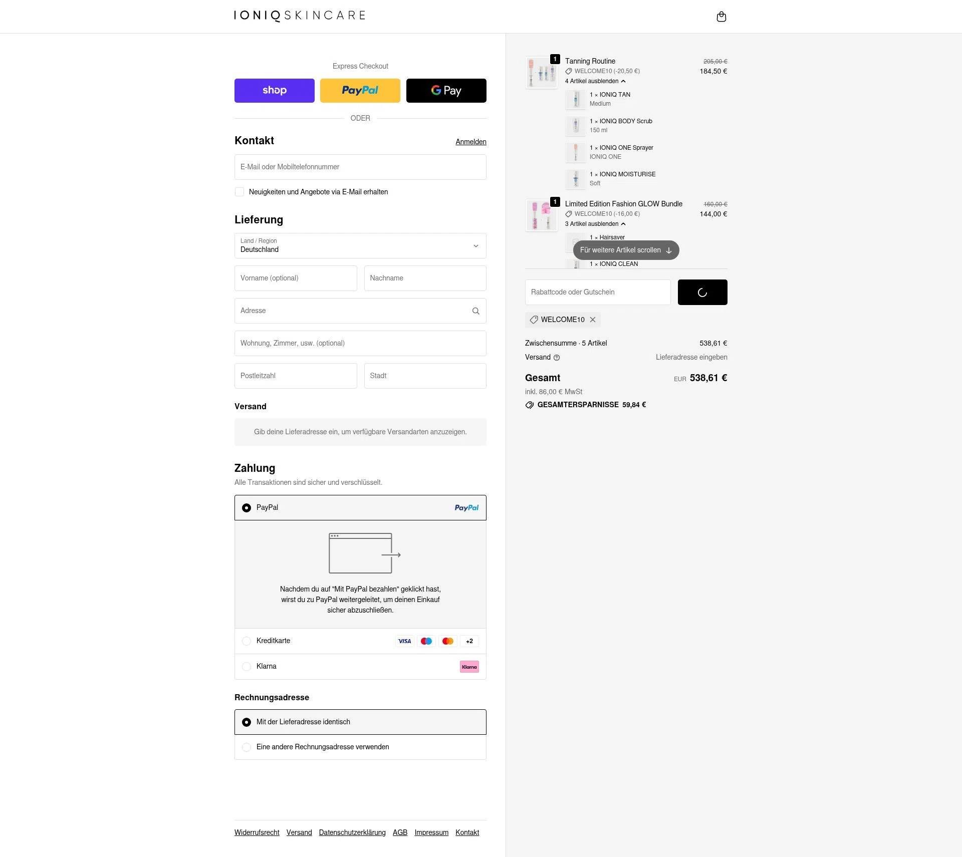 IONIQ Skincare checkout page showing IONIQ Skincare promo code box | Screenshot taken by SimplyCodes community member on Dec 17, 2025