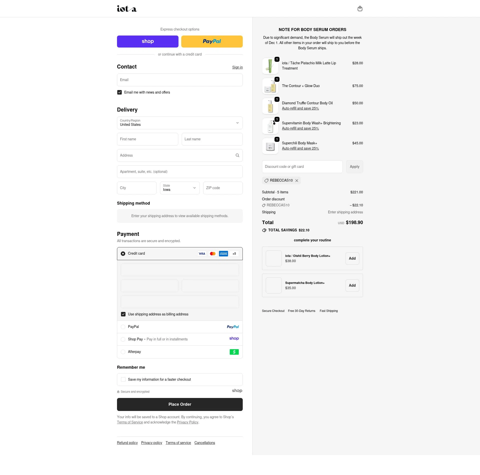iota body checkout page showing iota body discount code box | Screenshot taken by SimplyCodes community member on Dec 13, 2025