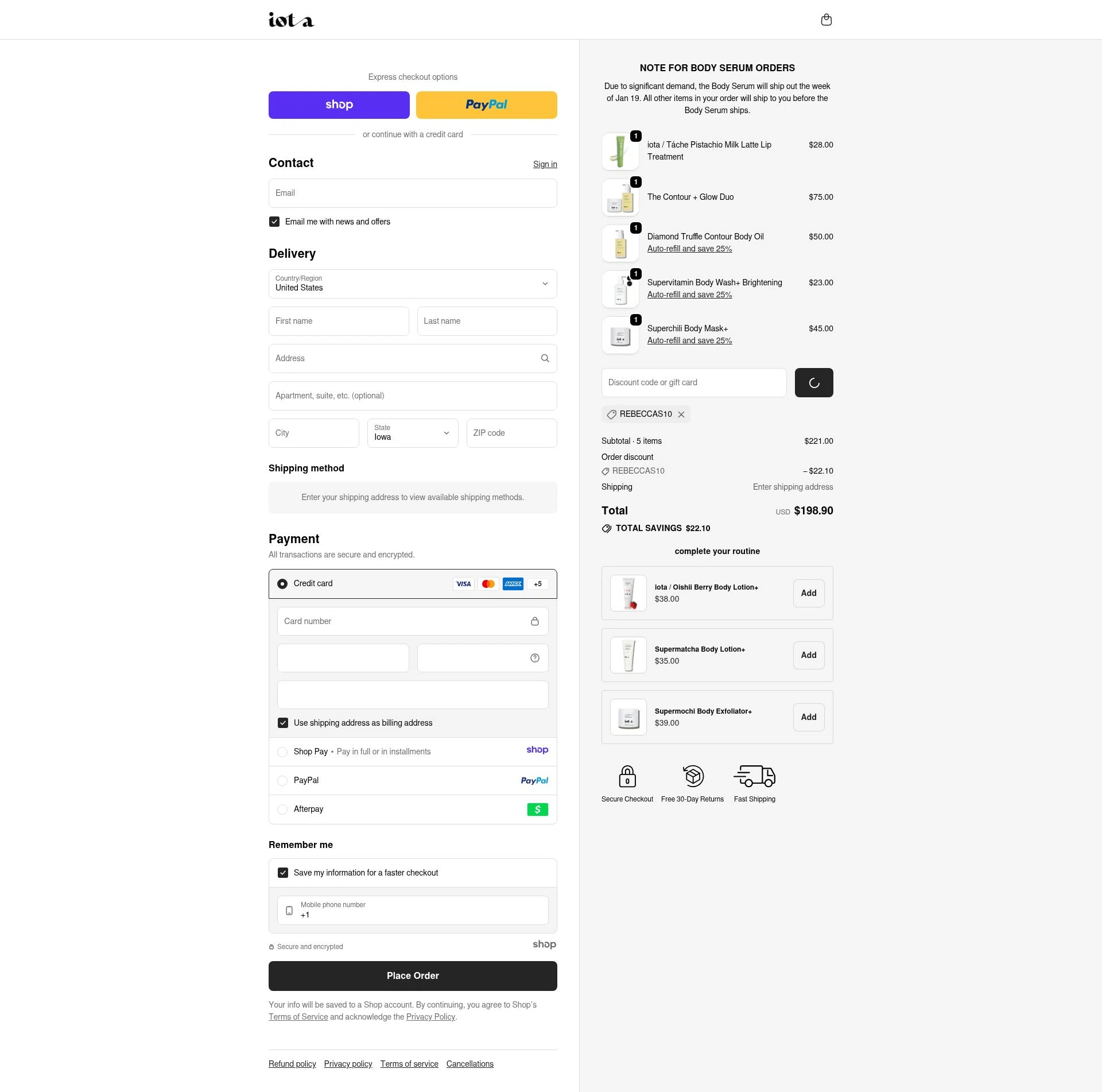 iota body checkout page showing iota body discount code box | Screenshot taken by SimplyCodes community member on Dec 30, 2025