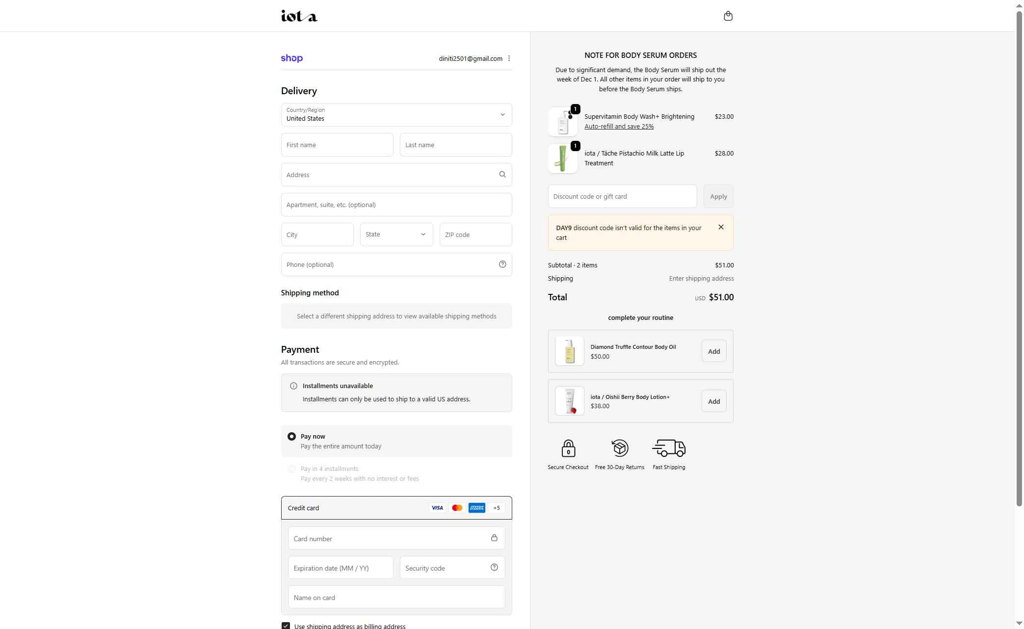iota body checkout page showing iota body discount code box | Screenshot taken by SimplyCodes community member on Dec 17, 2025