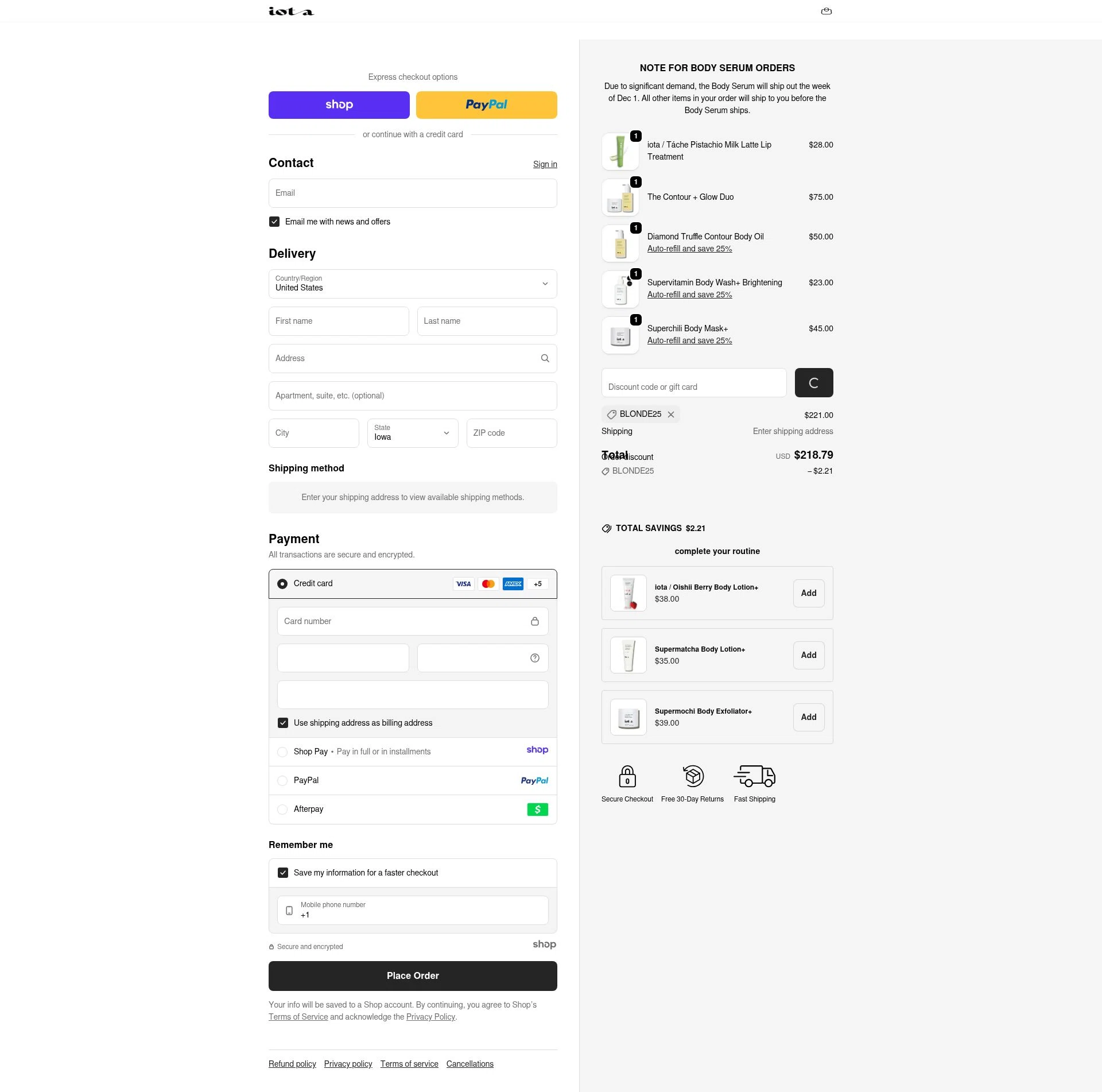 iota body checkout page showing iota body discount code box | Screenshot taken by SimplyCodes community member on Dec 25, 2025