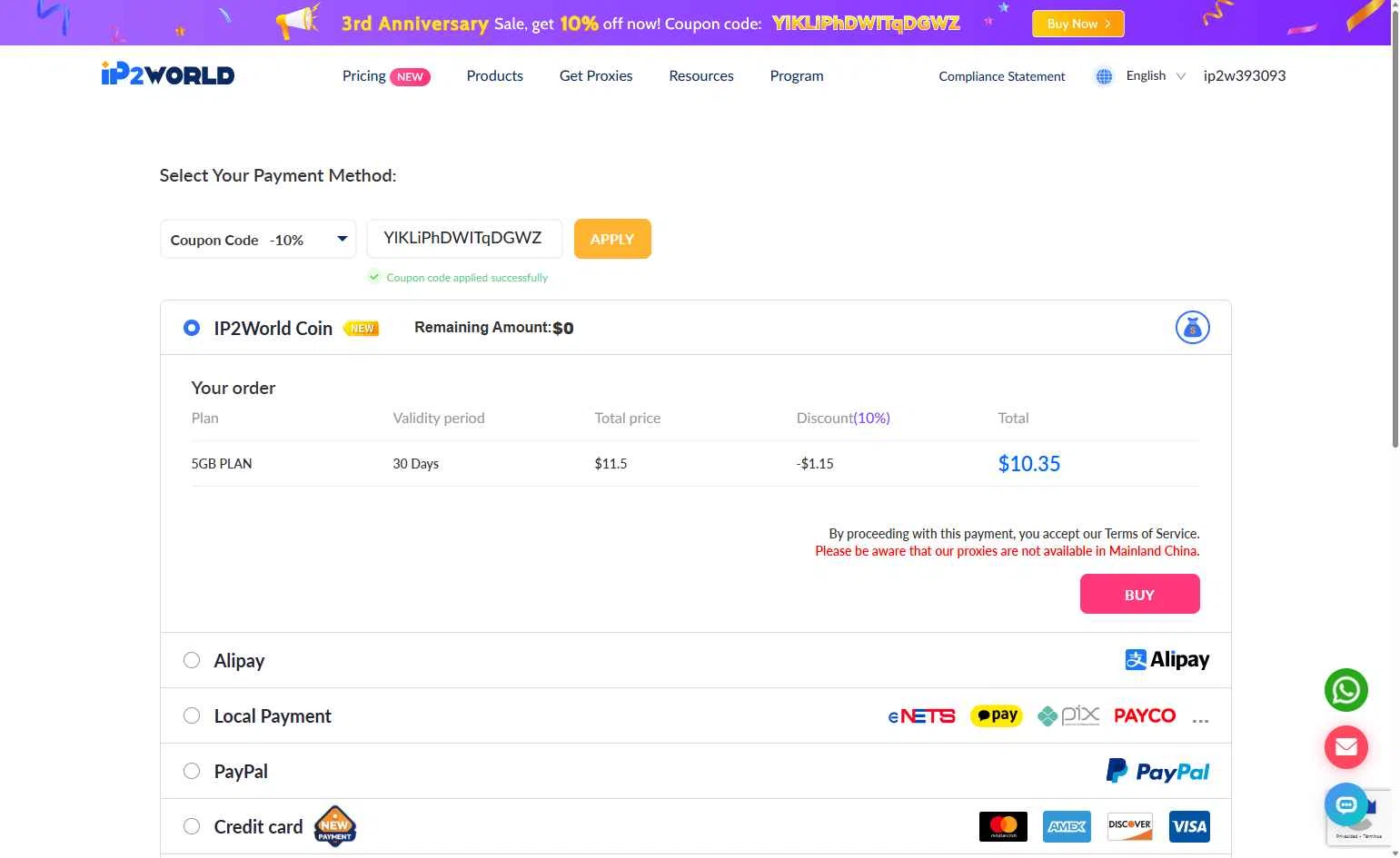 IP2World checkout page showing IP2World coupon code box | Screenshot taken by SimplyCodes community member on Sep 28, 2025