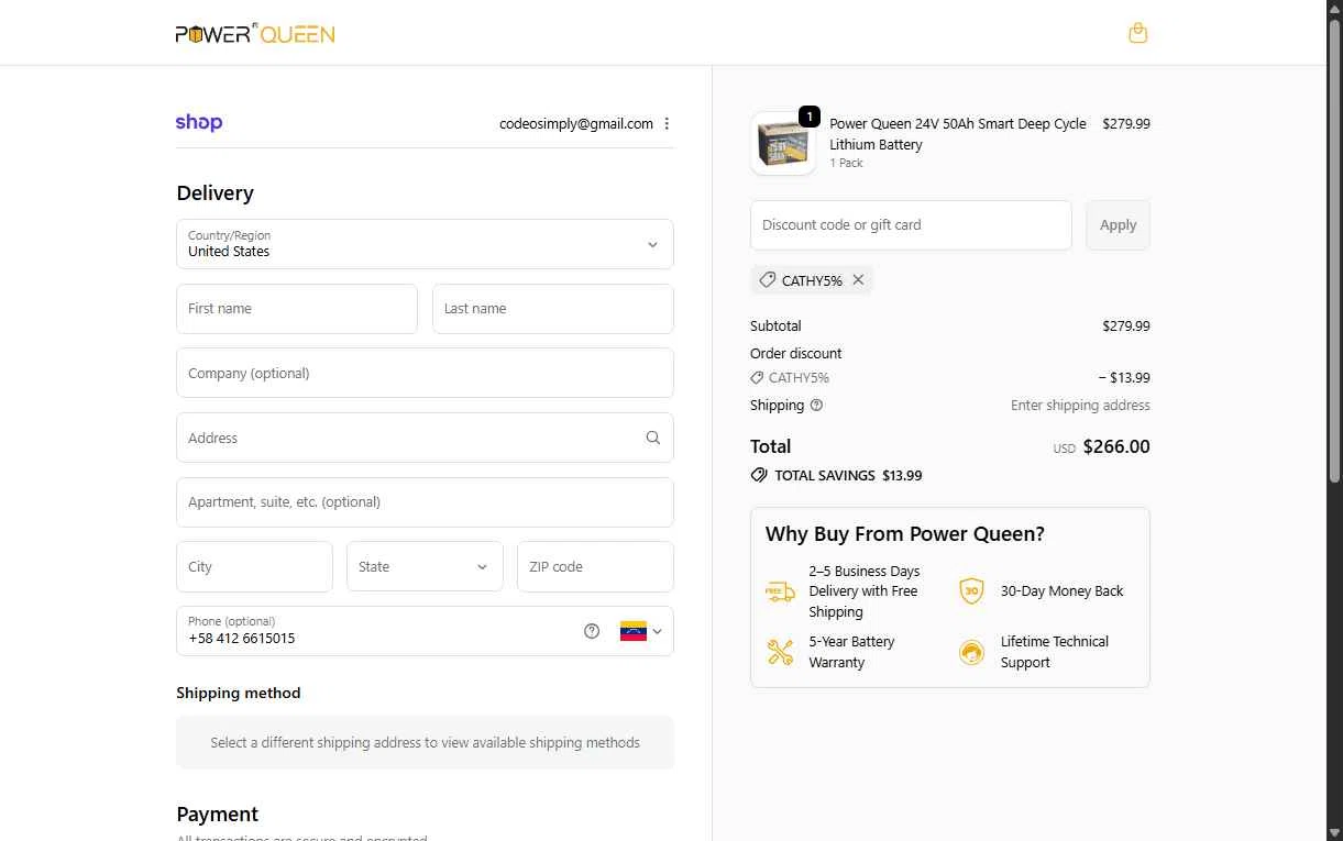 Power Queen checkout page showing Power Queen discount code box | Screenshot taken by SimplyCodes community member on Jan 11, 2026
