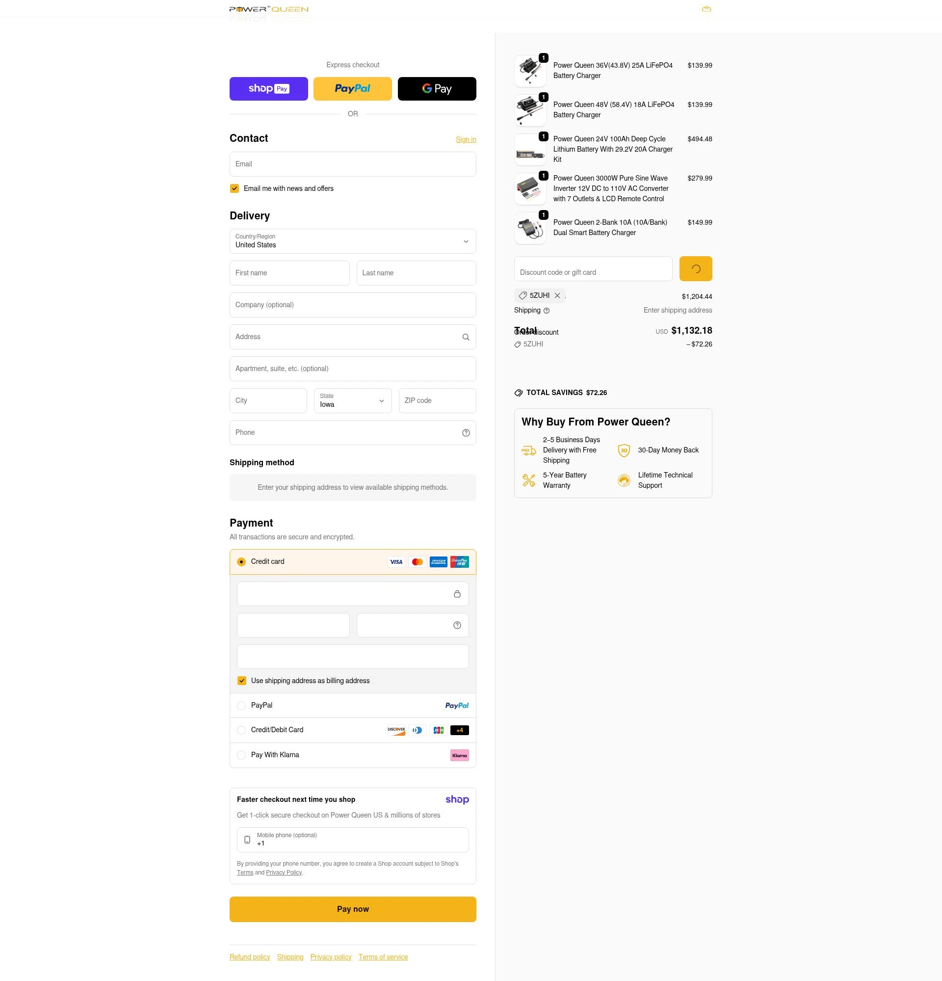 Power Queen checkout page showing Power Queen discount code box | Screenshot taken by SimplyCodes community member on Jan 11, 2026