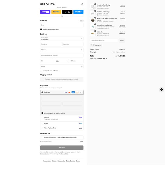 Ippolita checkout page showing Ippolita promo code box | Screenshot taken by SimplyCodes community member on Aug 27, 2025