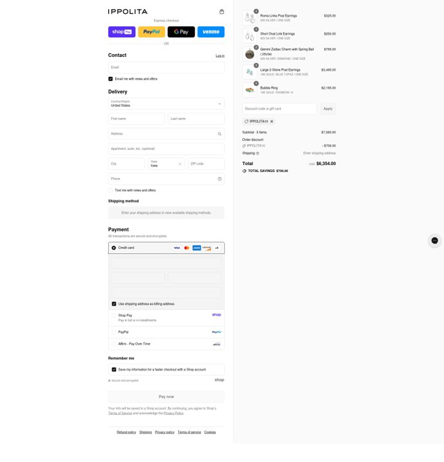 Ippolita checkout page showing Ippolita promo code box | Screenshot taken by SimplyCodes community member on Aug 27, 2025