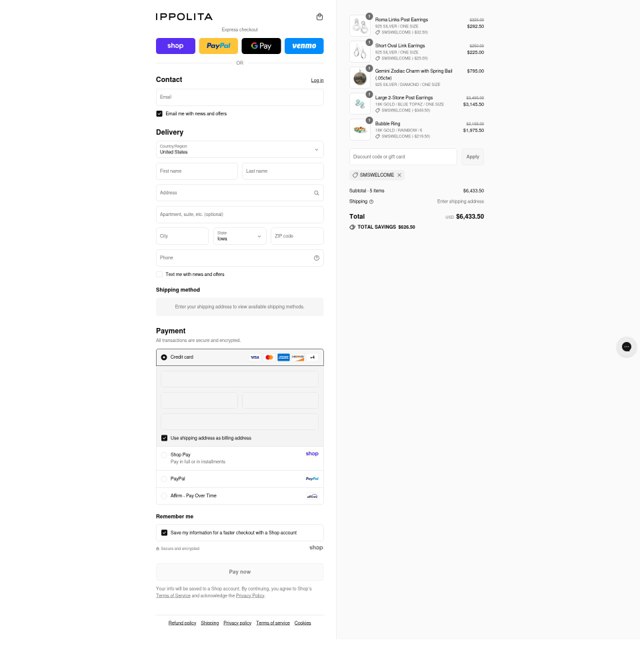 Ippolita checkout page showing Ippolita promo code box | Screenshot taken by SimplyCodes community member on Aug 31, 2025