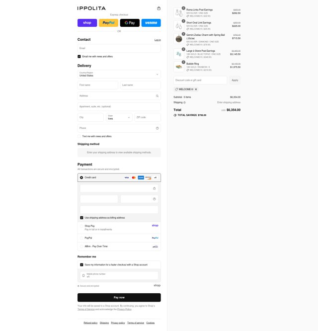 Ippolita checkout page showing Ippolita promo code box | Screenshot taken by SimplyCodes community member on Aug 31, 2025