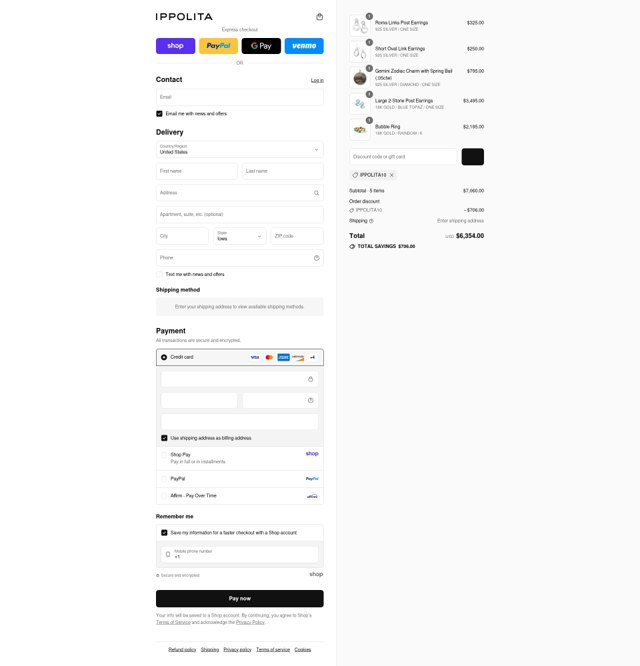 Ippolita checkout page showing Ippolita promo code box | Screenshot taken by SimplyCodes community member on Aug 31, 2025