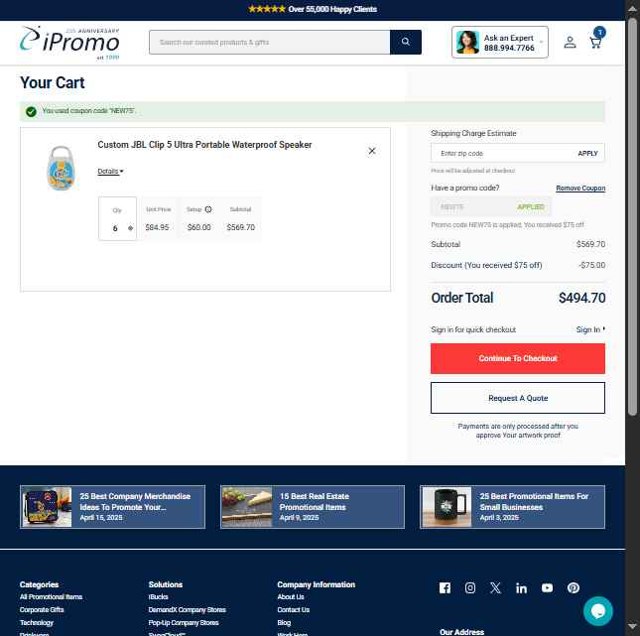 iPromo checkout page showing iPromo promo code box | Screenshot taken by SimplyCodes community member on May 11, 2025