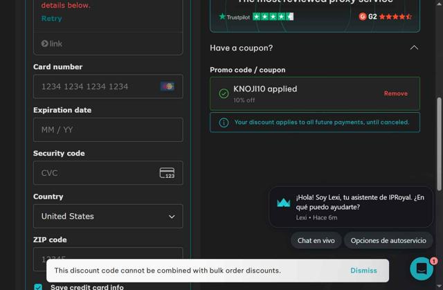 IPRoyal checkout page showing IPRoyal promo code box | Screenshot taken by SimplyCodes community member on Sep 2, 2025