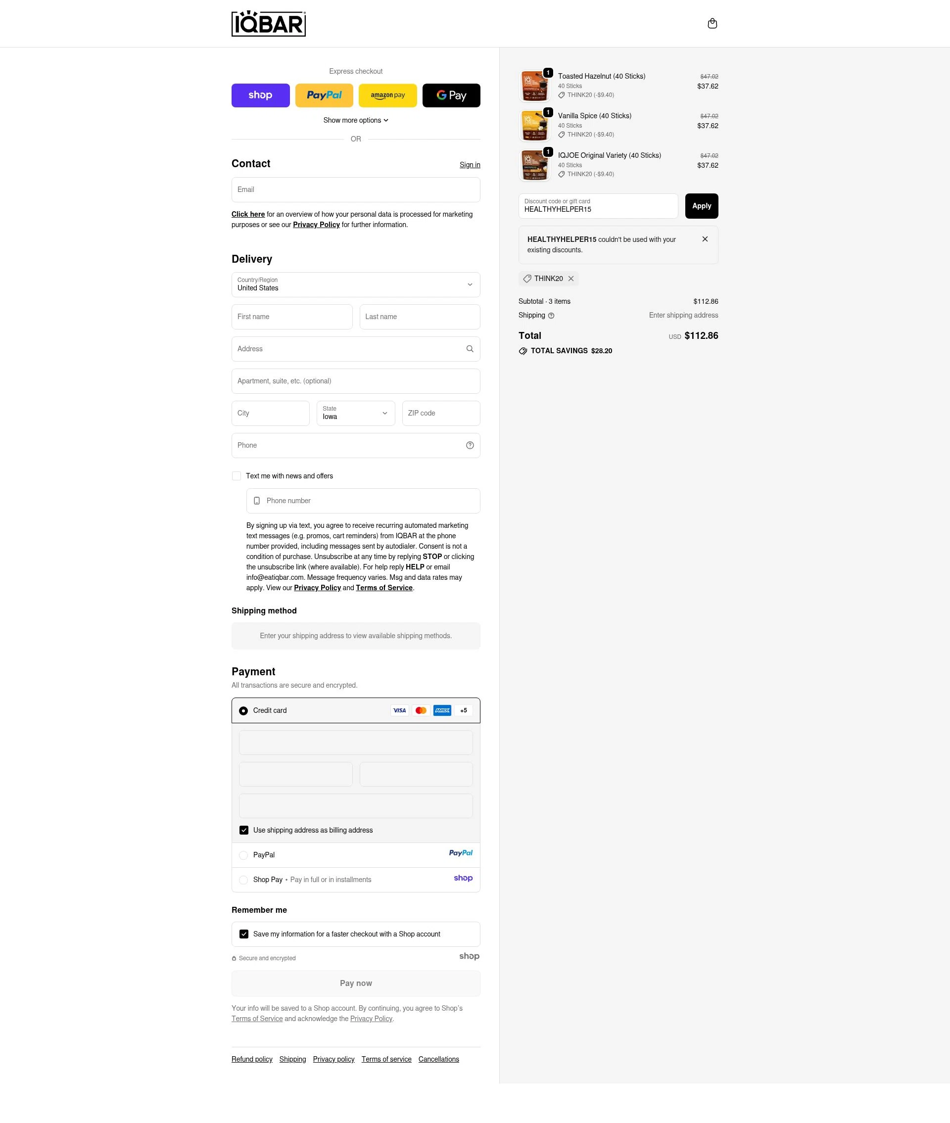 IQ BAR checkout page showing IQ BAR discount code box | Screenshot taken by SimplyCodes community member on Oct 28, 2025