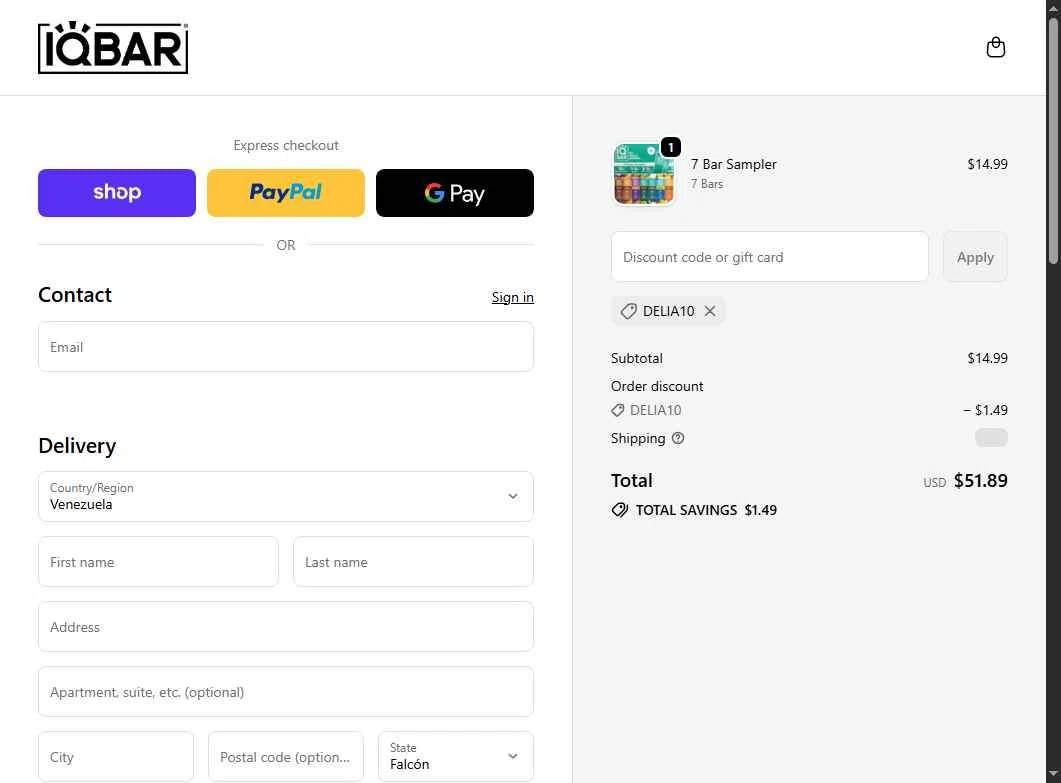 IQ BAR checkout page showing IQ BAR discount code box | Screenshot taken by SimplyCodes community member on Oct 28, 2025