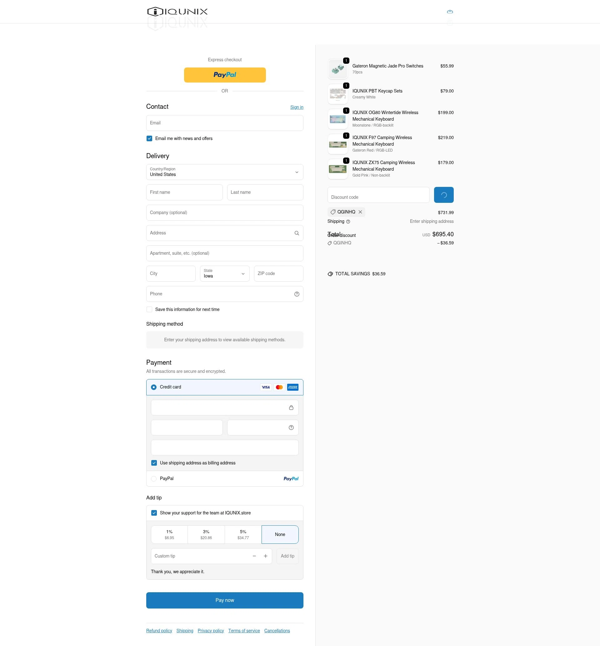 IQUNIX checkout page showing IQUNIX discount code box | Screenshot taken by SimplyCodes community member on Feb 13, 2026