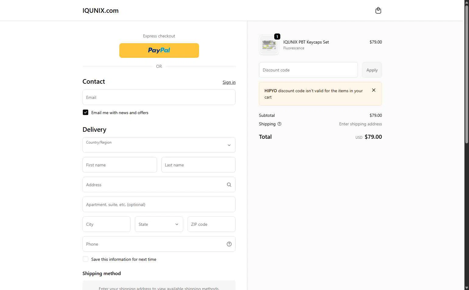IQUNIX checkout page showing IQUNIX discount code box | Screenshot taken by SimplyCodes community member on Feb 13, 2026